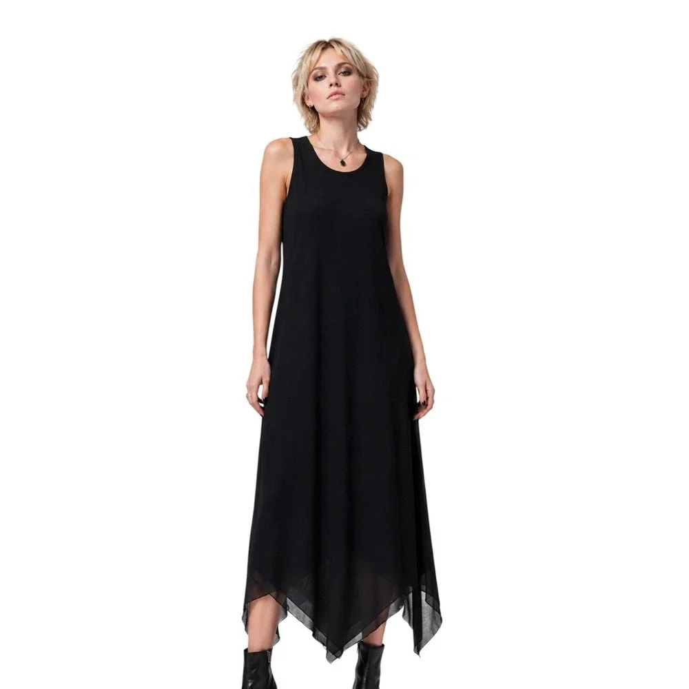 I.N. Studio 12 Black Lined‎ Handkerchief Hem Midi Maxi Dress Goth Minimalist NWT